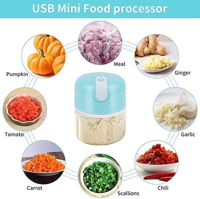 USB Mini Food Processor with images of processed foods like pumpkin, meal, ginger, tomato, carrot, scallions, and chili.