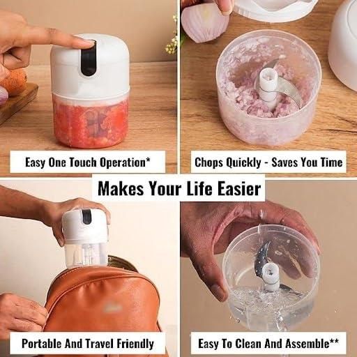 Collage of a handheld food chopper in use with text highlighting its features.