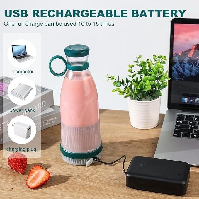 USB rechargeable battery bottle on a desk with laptop and computer accessories.