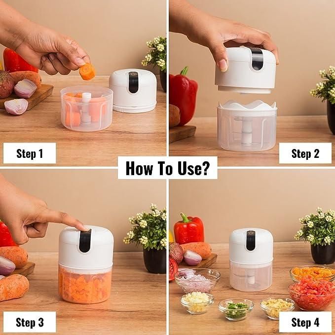 Step-by-step guide on using a small food processor with vegetables.
