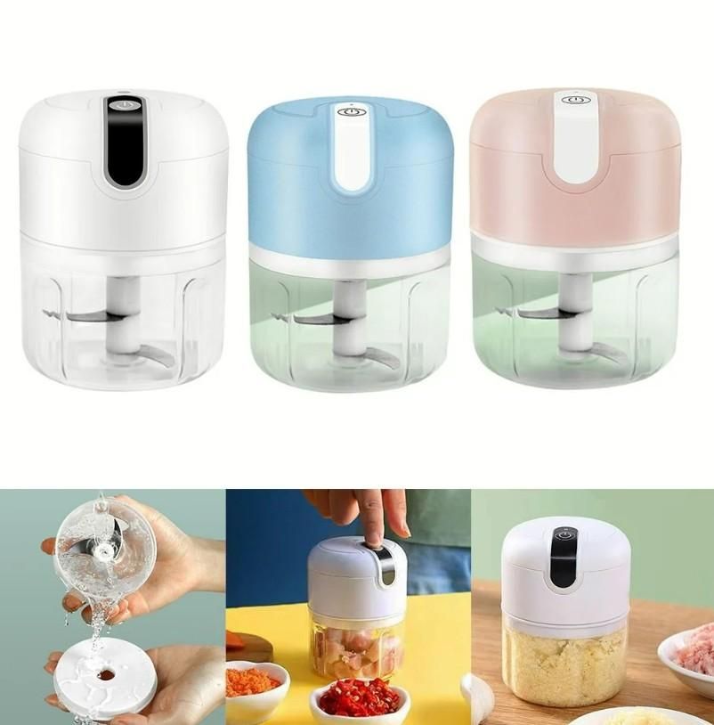 Three small kitchen appliances in white, blue, and pink with usage examples on a white background.