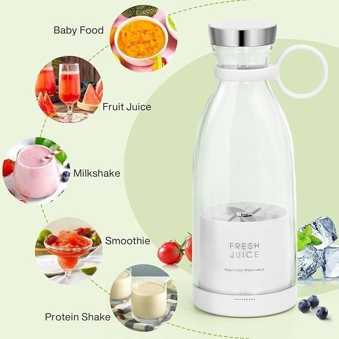 White bottle labeled 'Fresh Juice' with images of various drinks around it on a light green background.