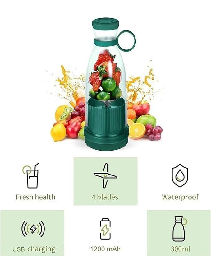 Portable blender with fruits, features listed, on a white background