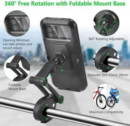 Phone holder with 360-degree rotation and foldable mount base on a blurred cityscape background
