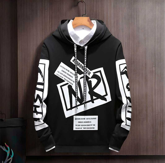Black hoodie with white text and graphics on a wooden background