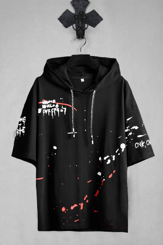 Black hoodie with white and red splatter designs on a gray background