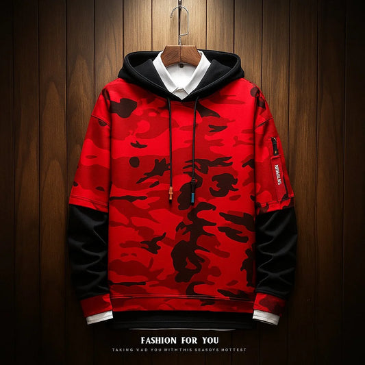 Red and black camouflage hoodie on a wooden background with 'Fashion For You' text.